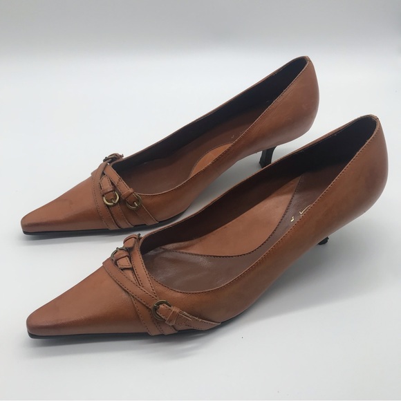 Dolci Pointed Brown Toe Leather Buckle Strap Stiletto Pump Kitten Heel Shoe Sz 4 - Picture 14 of 14